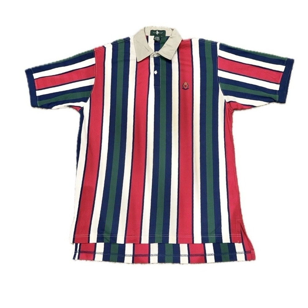 HUNT CLUB Vintage 90s Striped Cotton Polo Rugby Shirt Red Navy Green White | L